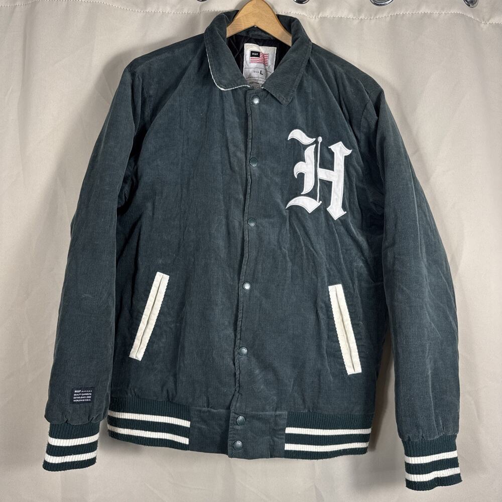 HUF Varsity Jacket Men’s Women’s Large Green Corduroy Bomber Streetwear Coat